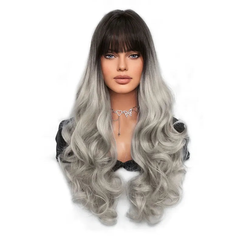 Silk Bangs Long Curly Hair Wigs (Black Gradient to Gray)